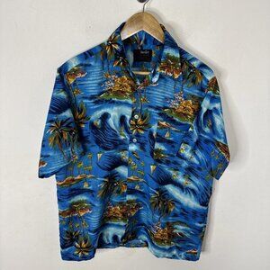 VTG Van Cort Hawaiian Shirt M 15-15.5 Blue Tropical Surf Boat Print Korea 70s